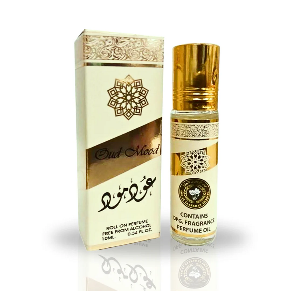 Oud Mood Roll-On Perfume Oil 10ML bottle with matching gold and white packaging, emphasizing its elegant and timeless fragrance.