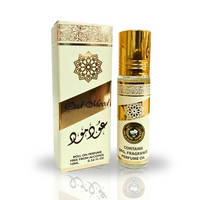 Oud Mood Roll-On Perfume Oil 10ML bottle with matching gold and white packaging, emphasizing its elegant and timeless fragrance.