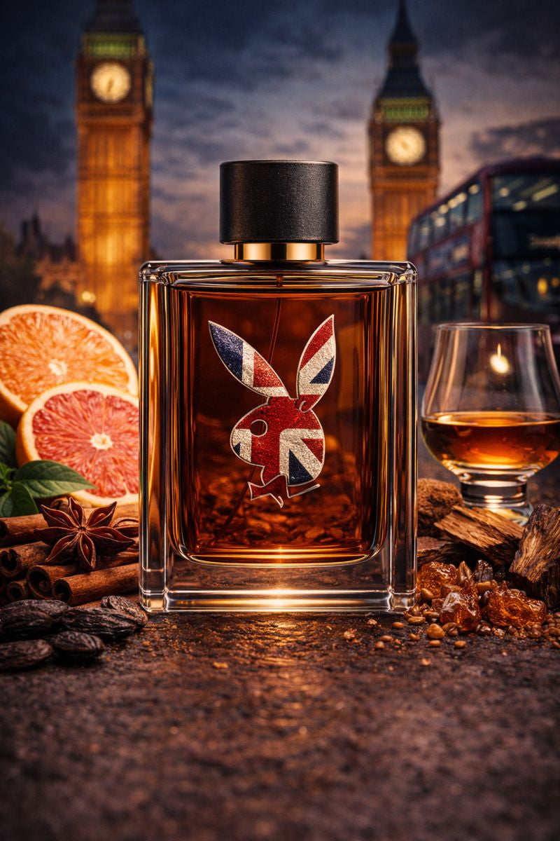 Playboy London inspired fragrance oil with mandarin orange, grapefruit, cinnamon, saffron, cognac, tonka bean, and cedar notes in a warm luxury setting
