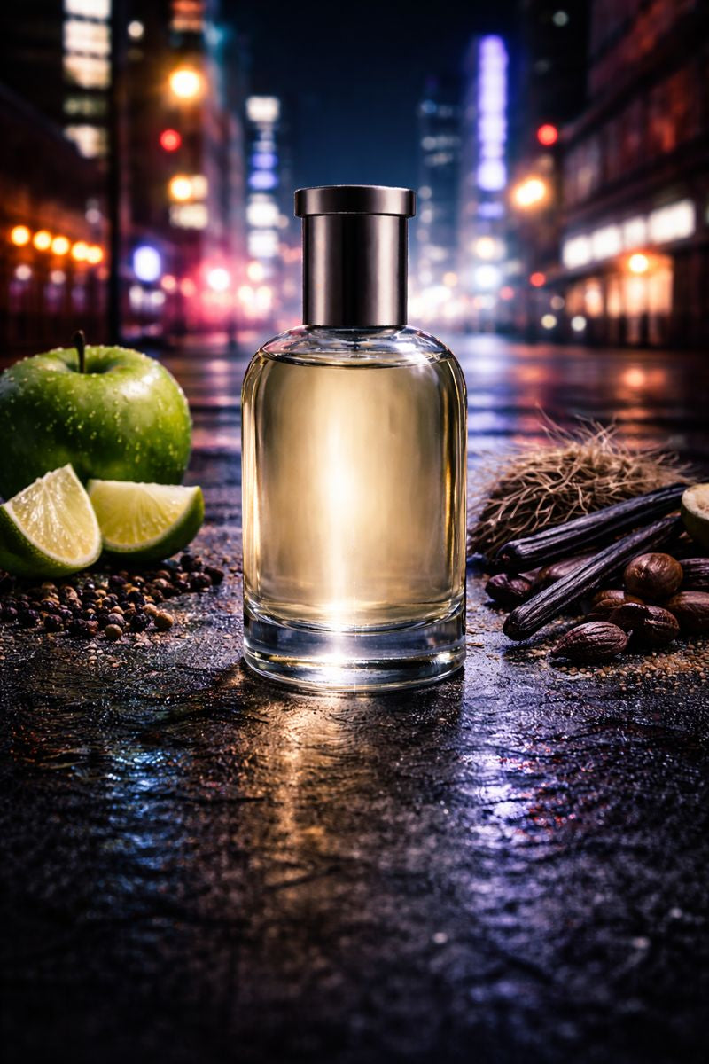 Playboy New York inspired men’s fragrance oil featuring lime, green apple, black pepper, vanilla, tonka bean, and vetiver in an urban nighttime setting
