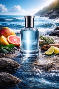 Polo Deep Blue inspired men’s fragrance oil featuring mango, grapefruit, bergamot, aromatic herbs, and oceanic marine notes in a fresh coastal setting