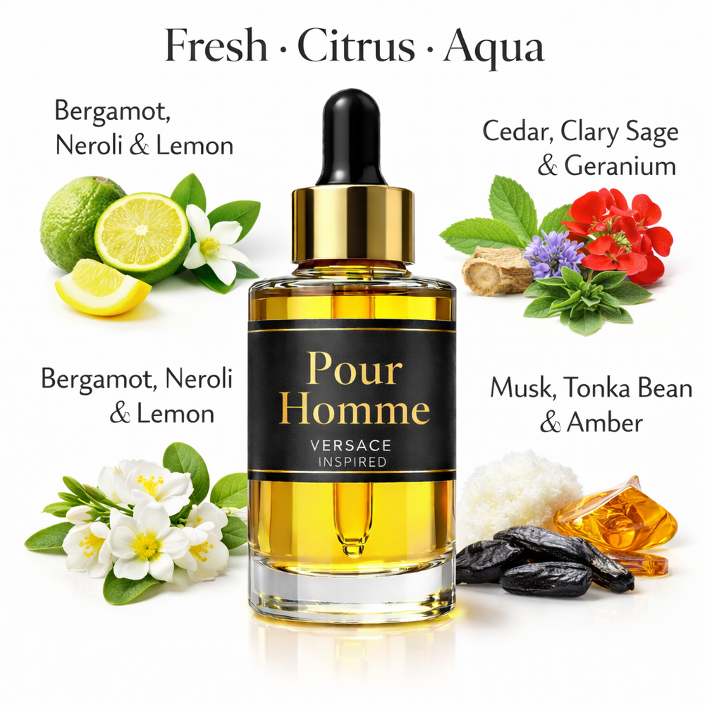 Pour Homme Versace Inspired fragrance oil – Fresh Citrus Aqua scent with bergamot, lemon, neroli and musk on white background