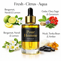 Pour Homme Versace Inspired fragrance oil – Fresh Citrus Aqua scent with bergamot, lemon, neroli and musk on white background