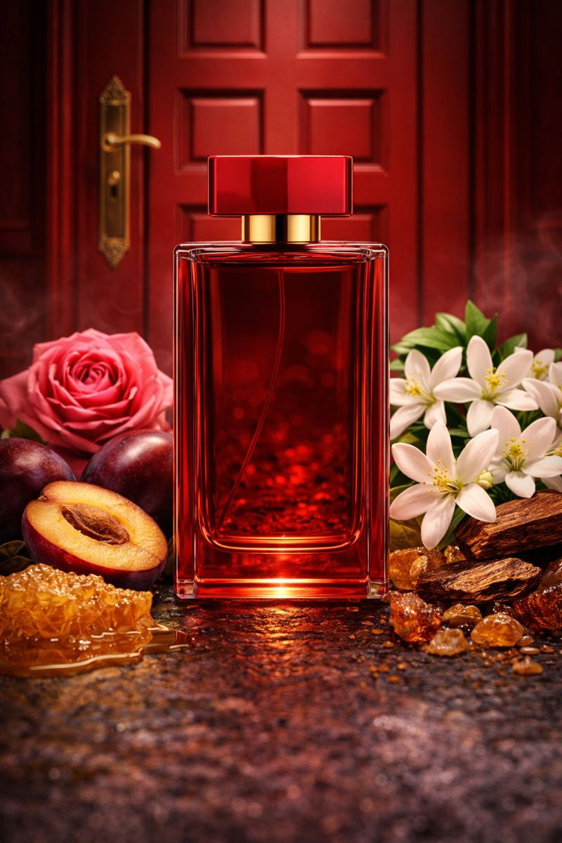 Red Door inspired fragrance oil with rose, plum, orange blossom, honeyed florals, sandalwood, amber, and benzoin in a classic elegant red setting