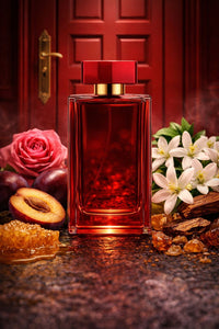 Red Door inspired fragrance oil with rose, plum, orange blossom, honeyed florals, sandalwood, amber, and benzoin in a classic elegant red setting