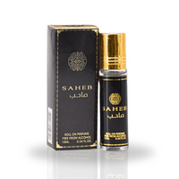 Saheb Roll-On Perfume Oil 10ML by Ard Al Zaafaran, featuring a sleek black bottle with gold accents and matching luxurious packaging.