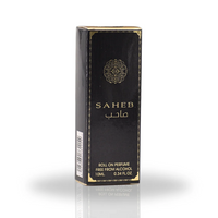Saheb Roll-On Perfume Oil 10ML packaging in black and gold, showcasing the elegant and premium design for this unisex fragrance.