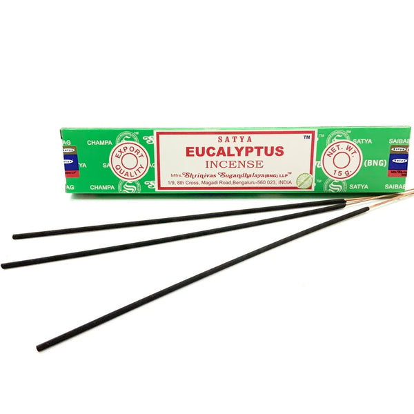 Satya Eucalyptus Incense 15g pack featuring vibrant green packaging and handcrafted incense sticks, offering a refreshing and purifying aroma.