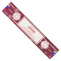 Satya Opium Incense 15g pack in a sleek maroon design, highlighting the premium quality and captivating scent of this handcrafted product.