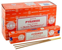 Satya Pyramids Incense multi-pack featuring vibrant orange packaging and premium hand-rolled incense sticks for relaxation and spiritual renewal.