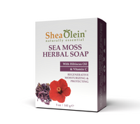 Side view of Sea Moss Herbal Soap box highlighting its regenerative, moisturizing, and protecting benefits.