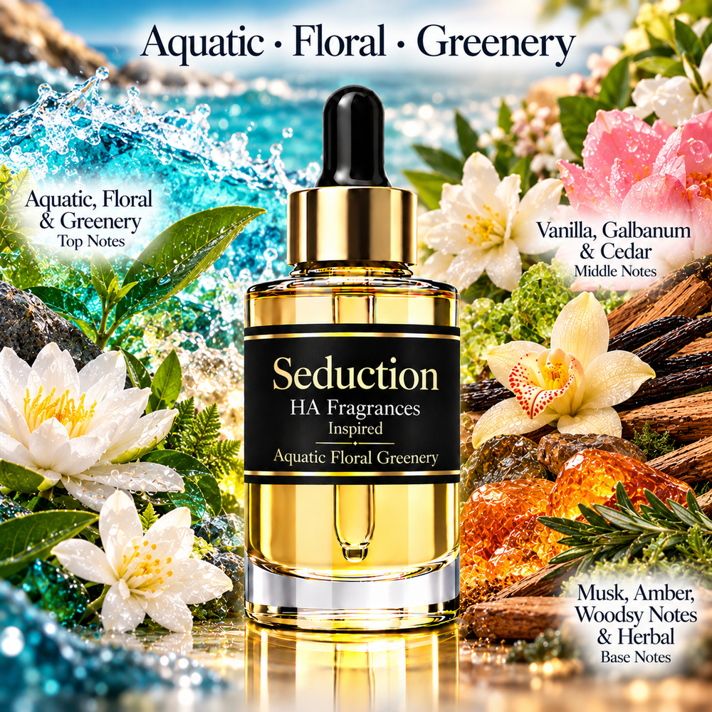 A glass dropper bottle of HA Fragrances 'Seduction' scented oil, styled with tropical floral and aquatic elements like white flowers, green leaves, and blue water splashes. The bottle has a black label and a gold dropper cap.