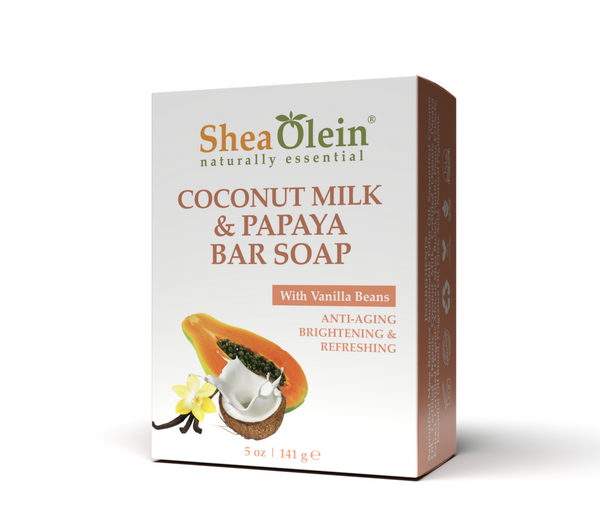 Shea Olein Coconut Milk and Papaya Bar Soap with Vanilla Beans - Side Angle Packaging