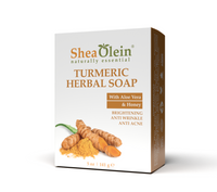 Side view of SheaOlein Turmeric Herbal Soap packaging showcasing vibrant turmeric roots and highlighting its natural benefits: brightening, anti-aging, and acne-fighting properties.