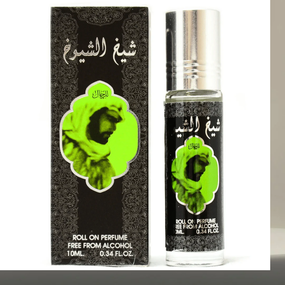 Sheikh Al Shuyukh Roll-On Perfume Oil 10ML by Ard Al Zaafaran, featuring bold black and green packaging with a sophisticated design.