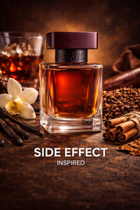 Side Effect inspired fragrance oil featuring vanilla, cinnamon, spiced rum, tobacco, and warm amber woods in a dark luxurious setting with product name displayed outside the bottle