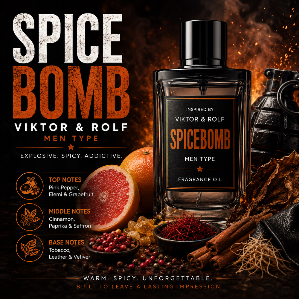 Spicebomb Viktor and Rolf Inspired fragrance oil – Warm Spicy Unforgettable scent with grapefruit, cinnamon, tobacco and leather on dark fiery background