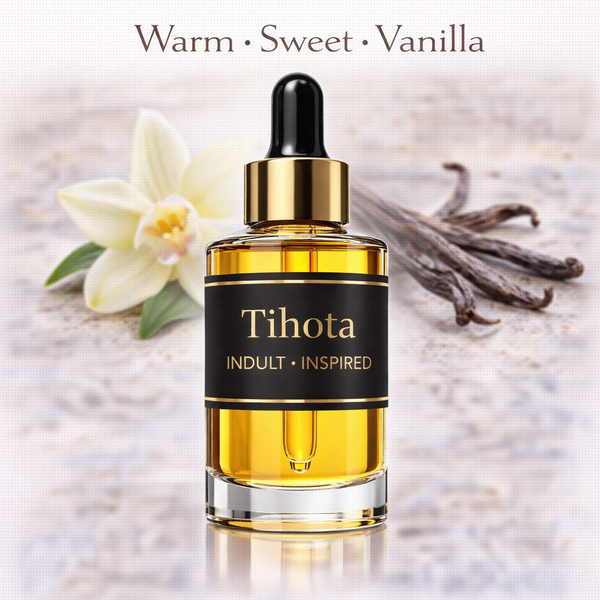 Tihota Indult Inspired fragrance oil – Warm Sweet Vanilla scent with vanilla bean and musk on white background