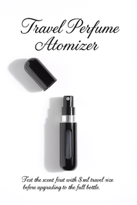Travel perfume atomizer on a white background with text about scent testing.