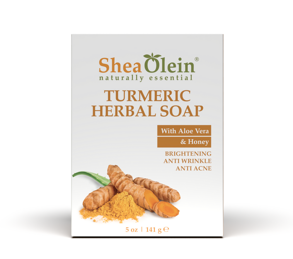 SheaOlein Turmeric Herbal Soap packaging featuring turmeric roots, aloe vera, and honey with text highlighting its benefits: brightening, anti-wrinkle, and anti-acne.