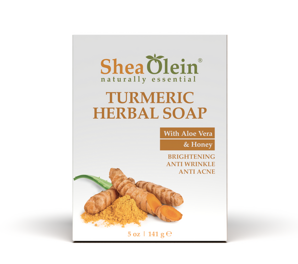 SheaOlein Turmeric Herbal Soap packaging featuring turmeric roots, aloe vera, and honey with text highlighting its benefits: brightening, anti-wrinkle, and anti-acne.