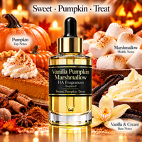 A glass dropper bottle of Vanilla Pumpkin Marshmallow fragrance centered on a warm autumn-themed background with pumpkins, marshmallows, pie, cinnamon sticks, and text reading 'Sweet Pumpkin Treat.'.
