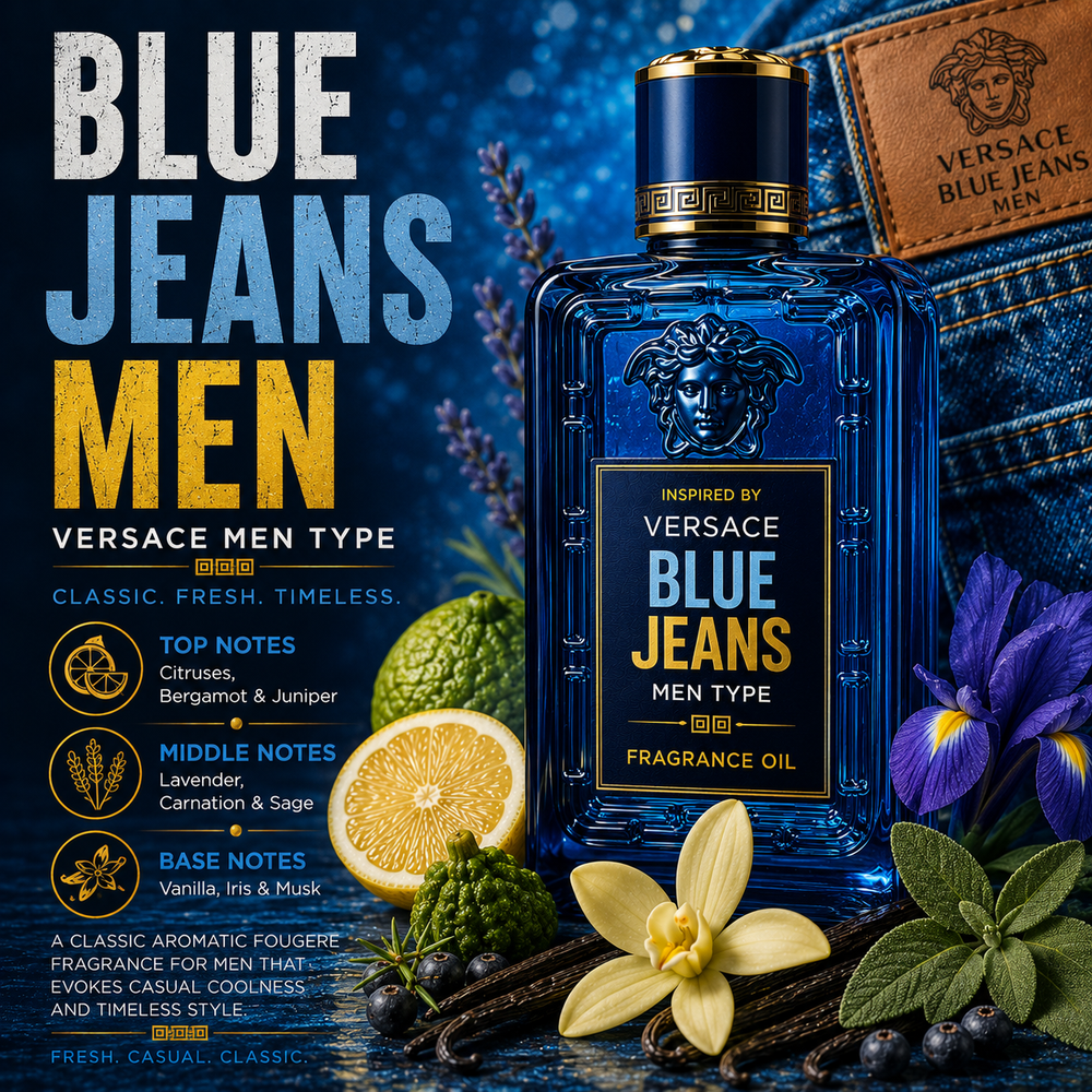 Versace Blue Jeans Inspired fragrance oil – Fresh Casual Classic scent with citrus, lavender, sage and vanilla on luxury blue denim background
