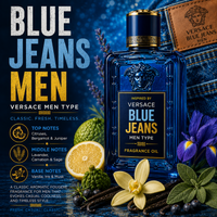 Versace Blue Jeans Inspired fragrance oil – Fresh Casual Classic scent with citrus, lavender, sage and vanilla on luxury blue denim background