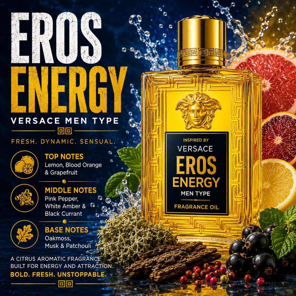 Versace Eros Energy Inspired fragrance oil – Fresh Citrus Power scent with lemon, blood orange, grapefruit and musk on vibrant blue luxury background
