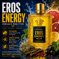 Versace Eros Energy Inspired fragrance oil – Fresh Citrus Power scent with lemon, blood orange, grapefruit and musk on vibrant blue luxury background