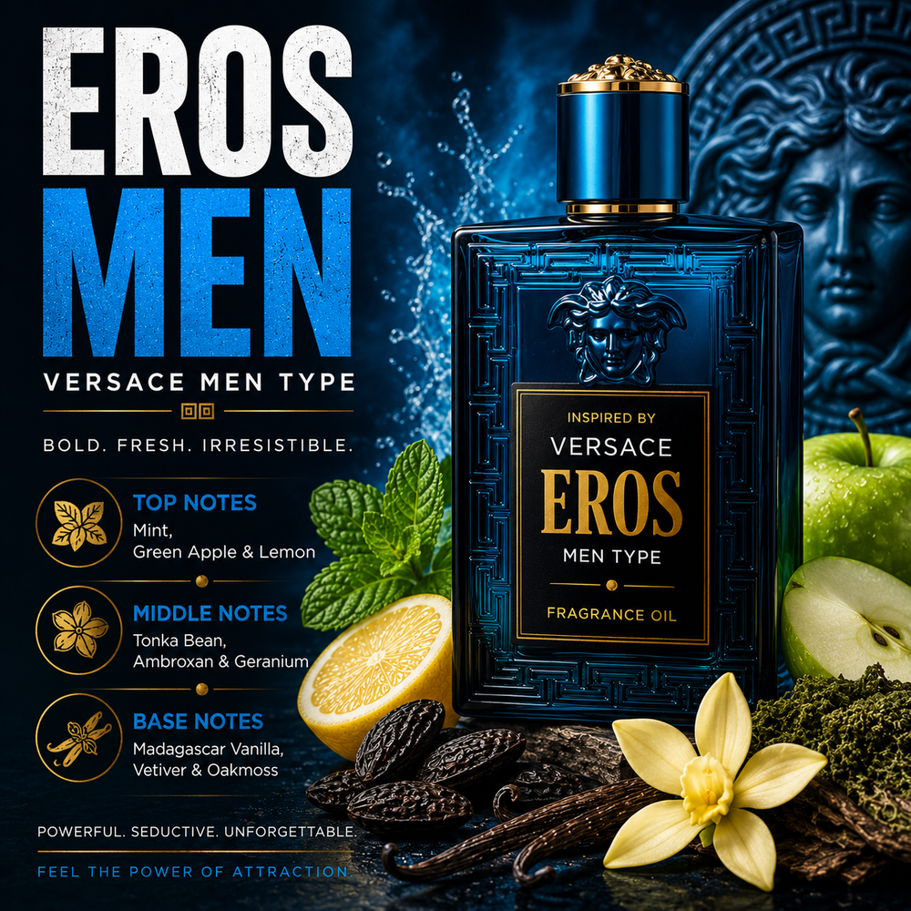 Versace Eros Inspired fragrance oil – Bold Fresh Irresistible scent with mint, green apple, lemon and vanilla on luxury blue background