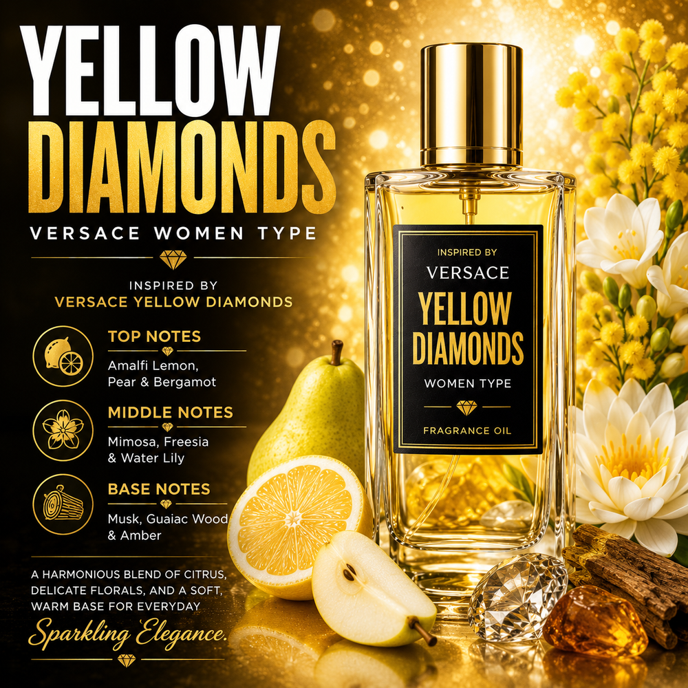 Versace Yellow Diamonds Inspired fragrance oil – Sparkling Floral Citrus scent with lemon, pear, freesia and soft amber on luxury golden background