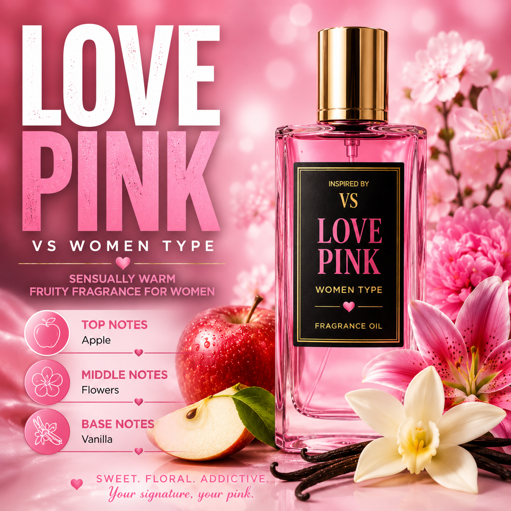 VS Love Pink Inspired fragrance oil – Sweet Warm Vanilla scent with apple, soft florals and creamy vanilla on pink background
