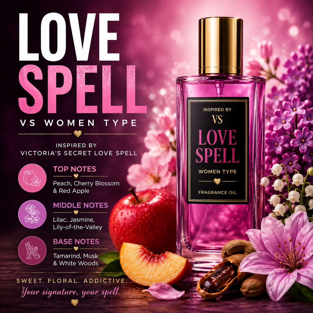 VS Love Spell Inspired fragrance oil – Sweet Floral Addictive scent with peach, cherry blossom, red apple and soft florals on pink background