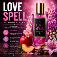 VS Love Spell Inspired fragrance oil – Sweet Floral Addictive scent with peach, cherry blossom, red apple and soft florals on pink background