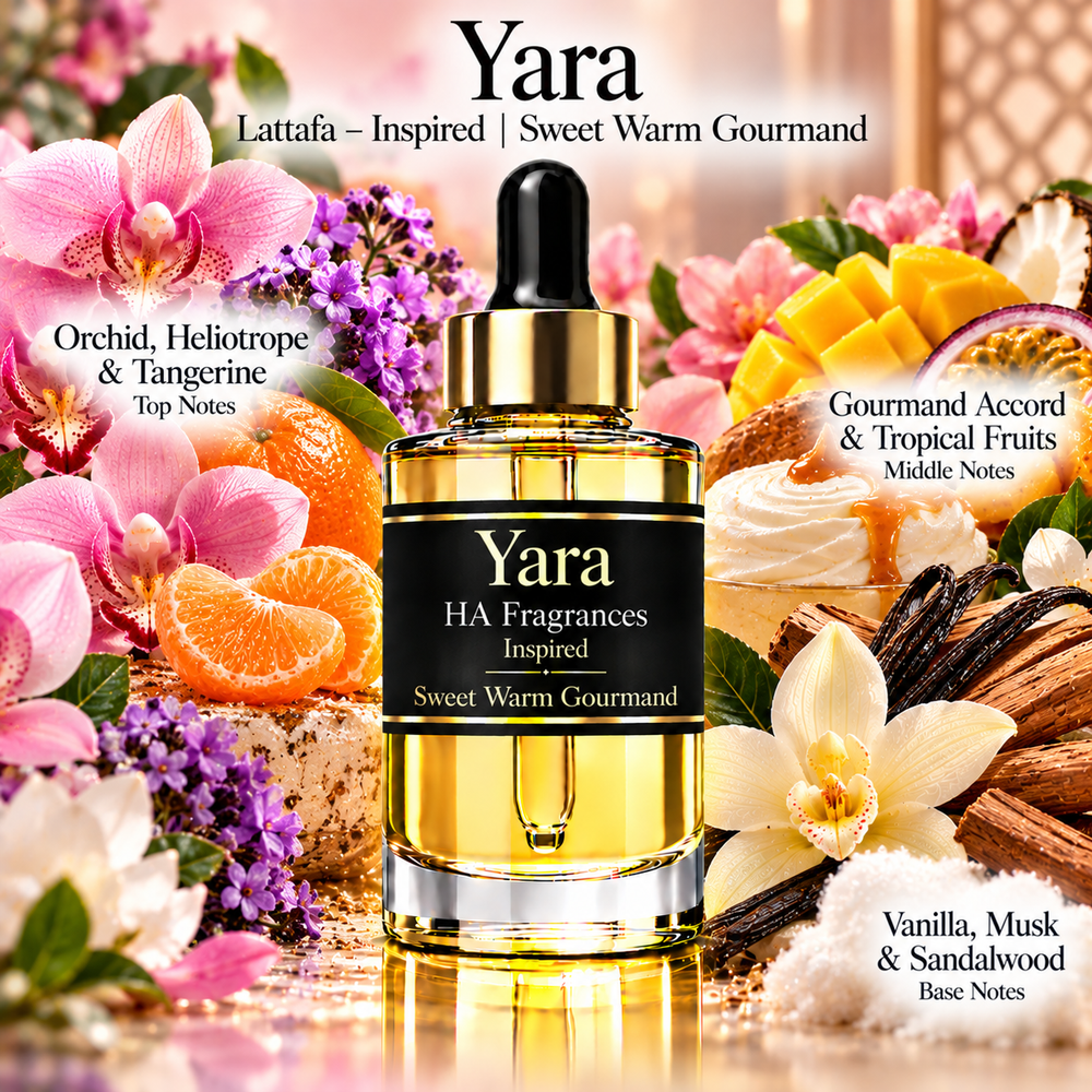 Yara by Lattafa inspired fragrance oil from HA Fragrances featuring a luxury gold dropper bottle surrounded by orchid, heliotrope, tangerine, tropical fruits, vanilla, musk, and sandalwood with a Sweet Warm Gourmand scent profile.