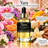 Yara by Lattafa inspired fragrance oil from HA Fragrances featuring a luxury gold dropper bottle surrounded by orchid, heliotrope, tangerine, tropical fruits, vanilla, musk, and sandalwood with a Sweet Warm Gourmand scent profile.