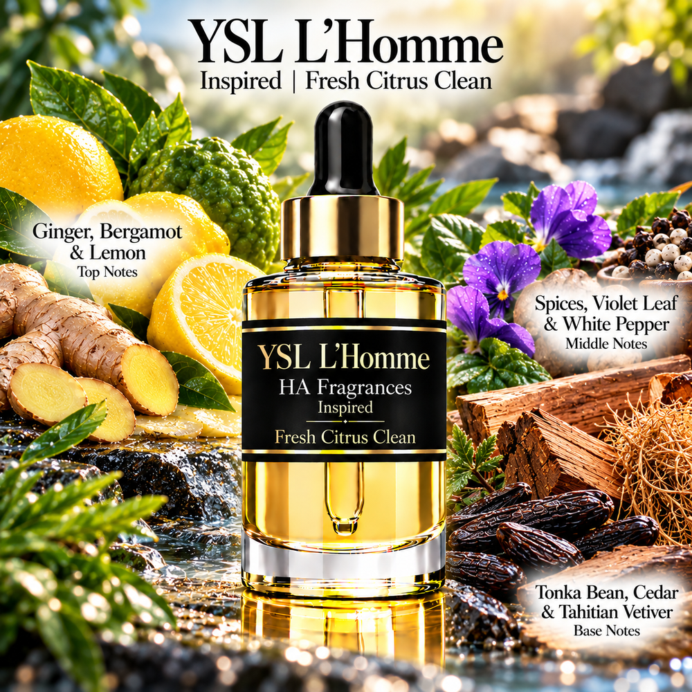 YSL L’Homme inspired fragrance oil by HA Fragrances featuring a luxury gold dropper bottle surrounded by ginger, bergamot, lemon, violet leaf, white pepper, tonka bean, cedar, and Tahitian vetiver with a Fresh Citrus Clean scent profile.