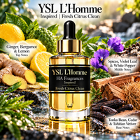 YSL L’Homme inspired fragrance oil by HA Fragrances featuring a luxury gold dropper bottle surrounded by ginger, bergamot, lemon, violet leaf, white pepper, tonka bean, cedar, and Tahitian vetiver with a Fresh Citrus Clean scent profile.