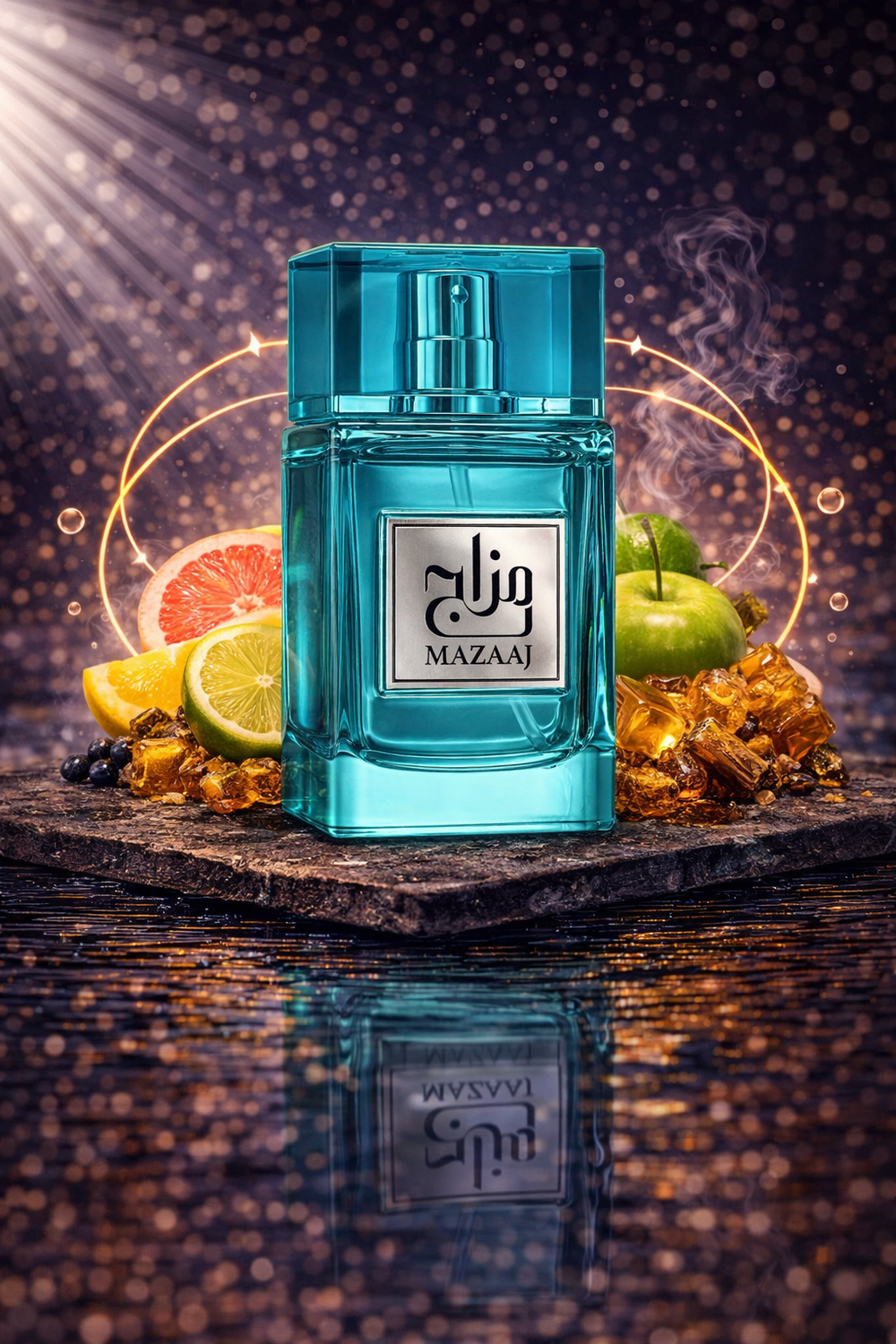 Zimaya Mazaaj Eau de Parfum displayed in a blue glass bottle with fresh citrus fruits, highlighting a bright, clean, and refreshing fragrance profile.