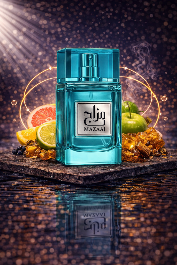 Zimaya Mazaaj Eau de Parfum displayed in a blue glass bottle with fresh citrus fruits, highlighting a bright, clean, and refreshing fragrance profile.