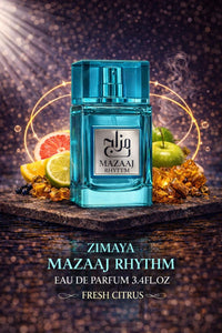Zimaya Mazaaj Rhythm Eau de Parfum 3.4 fl oz featuring a fresh citrus fragrance with grapefruit, bergamot, green apple, amber, and musk notes in a blue luxury bottle.